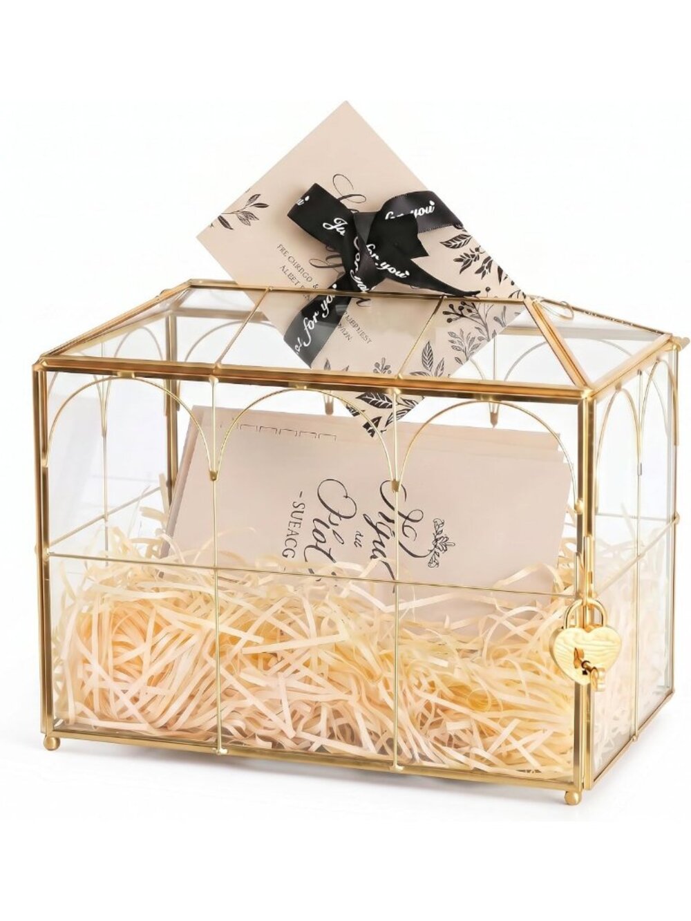 Elegant Glass Wedding Card Box with Slot & Lock | Gold Decorative Keepsake